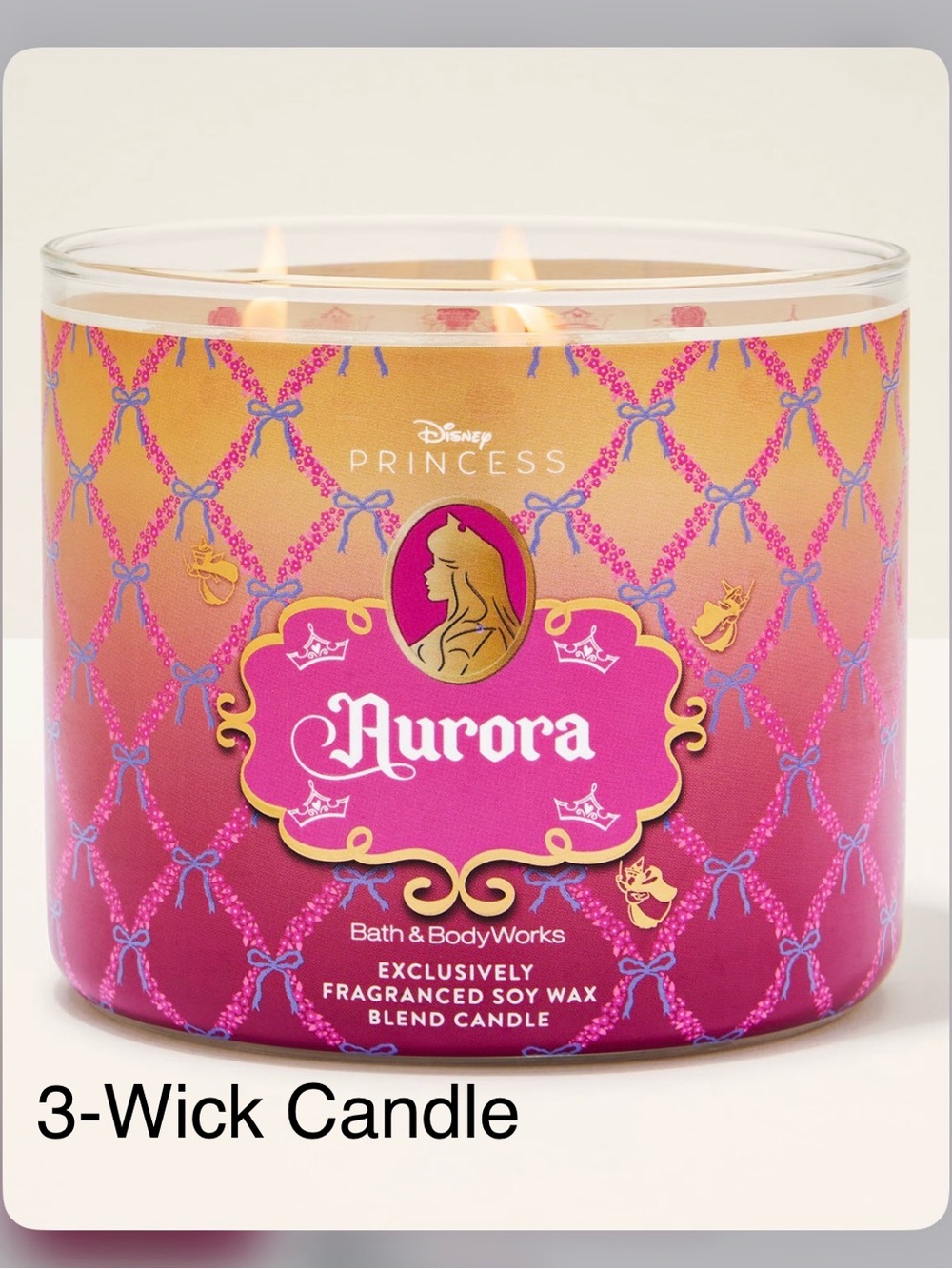 NEW! Bath & Body Works Disney Princess Aurora 3-Wick Candle w Crown Embossed Lid